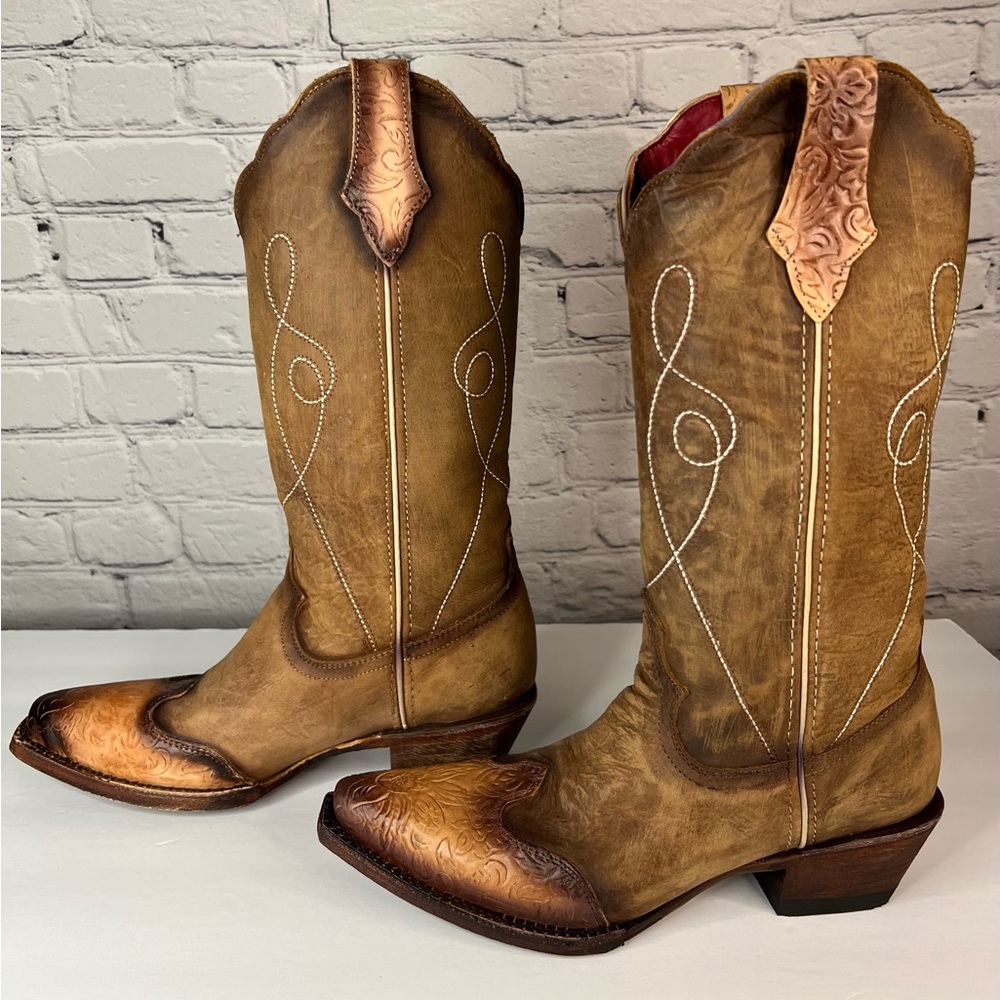 Ferrini Madison Tooled Western Brown Leather Cowgirl Boot Snip Toe Womens 8B New